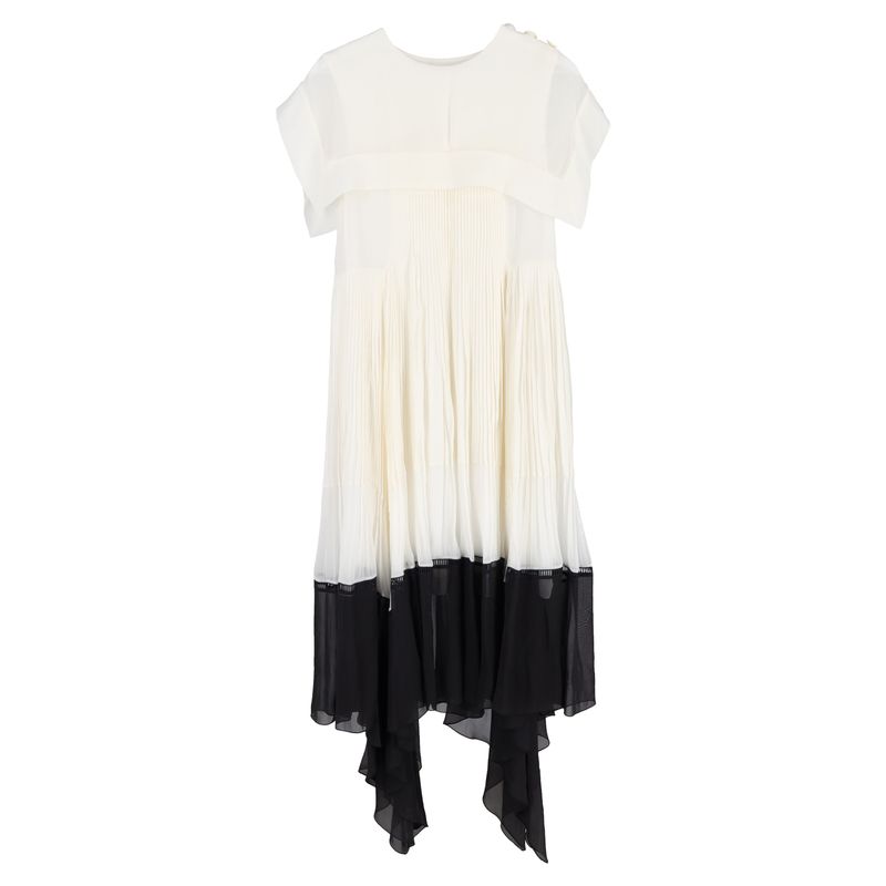 Chlo Square Collar Pleated Midi Dress In White And Black Viscose